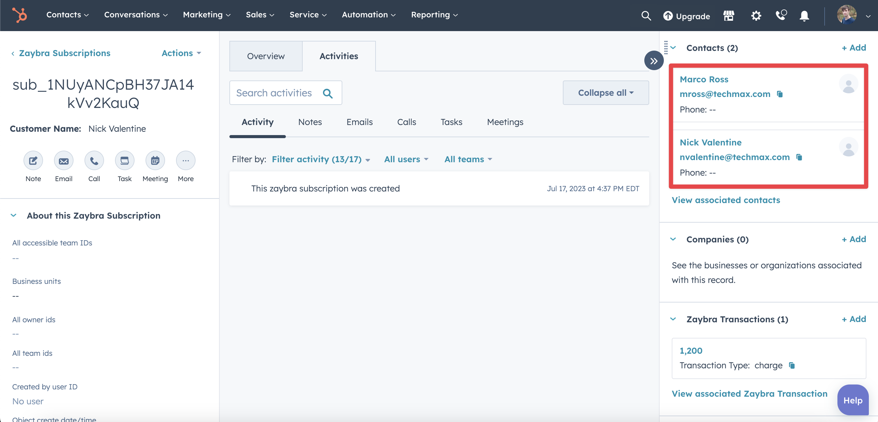HubSpot Can Zaybra subscriptions be associated to more than one of the same object type?