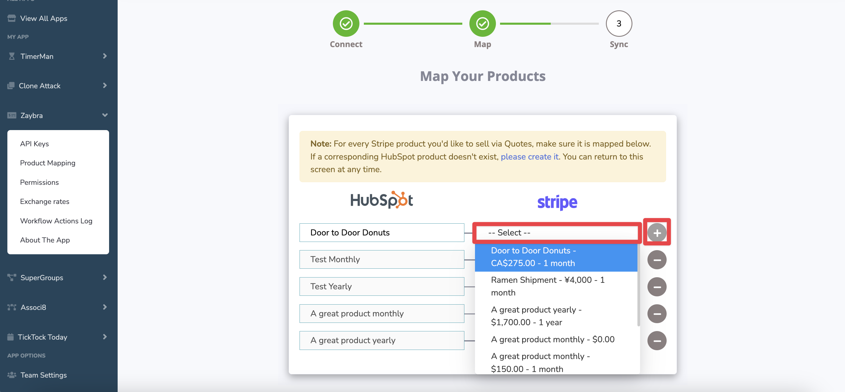 How to map Stripe products to HubSpot products using Zaybra